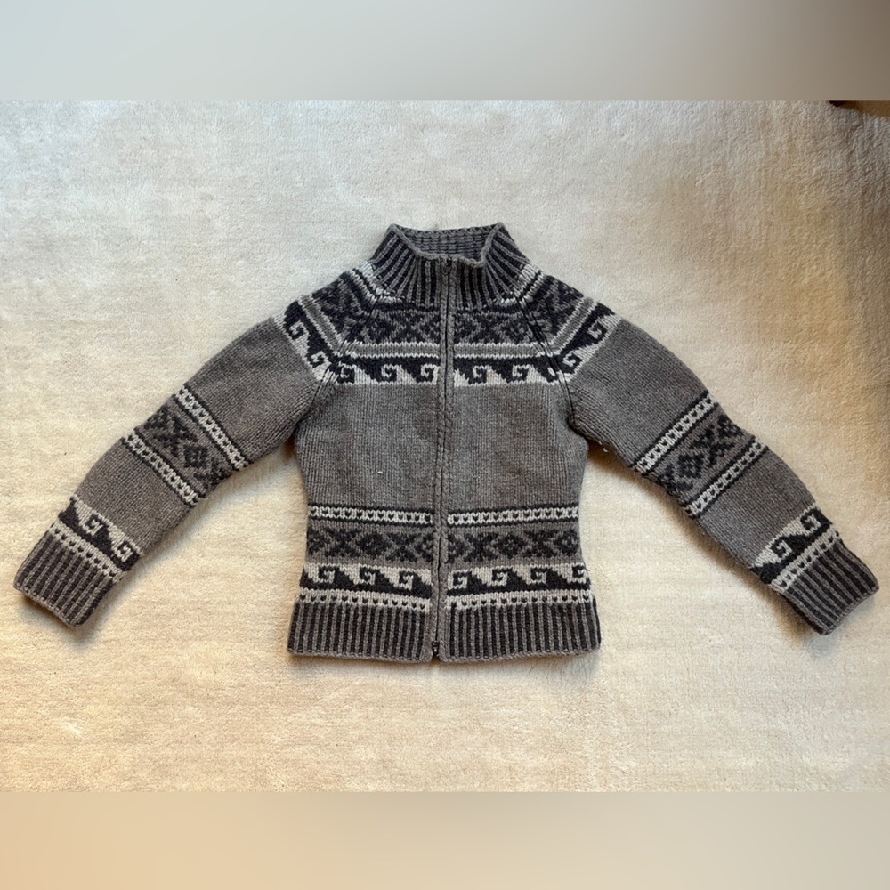 Brown Patterned Zip-Up Wool Sweater